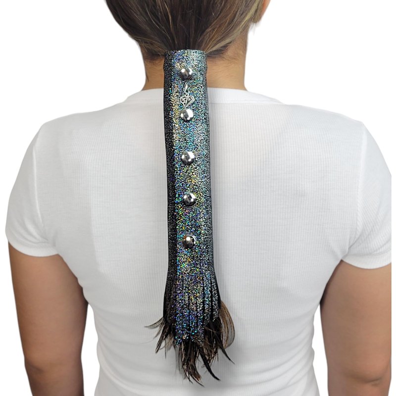 Silver Sparkle motorcycle Leather Hair Wrap 8" Inch - Ponytail protector & Long Hair Protector for Biker Helmet | Bling Motorcycle Accessories for Women with Fringe | Made in USA | Hair Accessory
