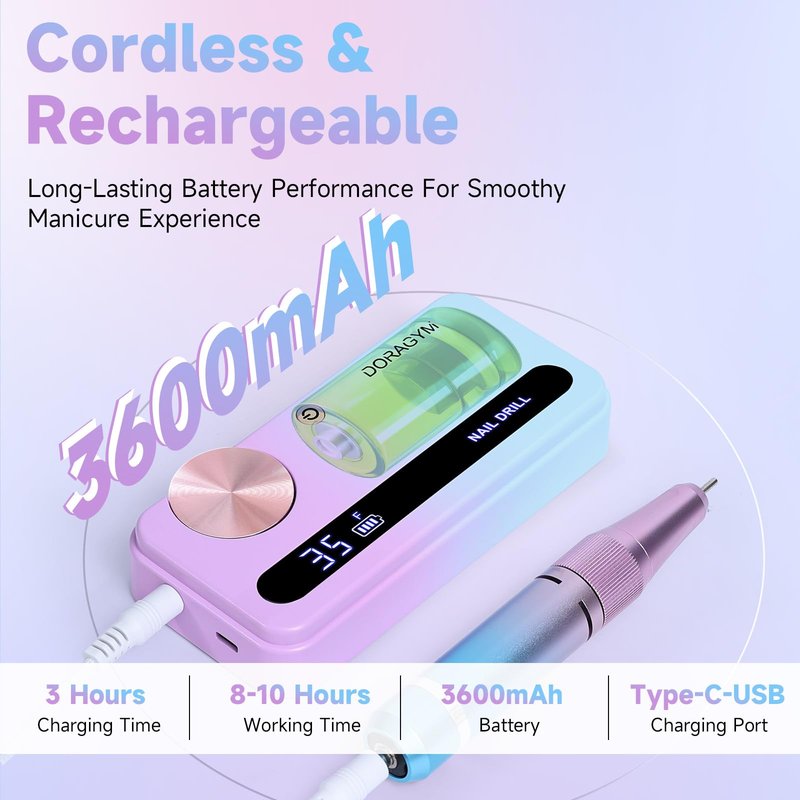 Nail Drill Professional, 35000RPM Electric Nail File Rechargeable, Portable Nail Drill Cordless Kit Efile for Acrylic Nails, Nail Dremel Manicure Perdicure for Salon & Home Use (Gradient)