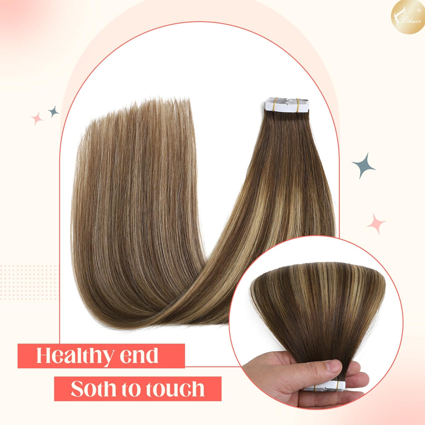 XDhair Tape in Hair Extensions Human Hair 20pcs 50g Balayage Chocolate Brown to Caramel Blonde with Chocolate Brown Roots Invisible Tape in Extensions for Women(14, #4/27/4)