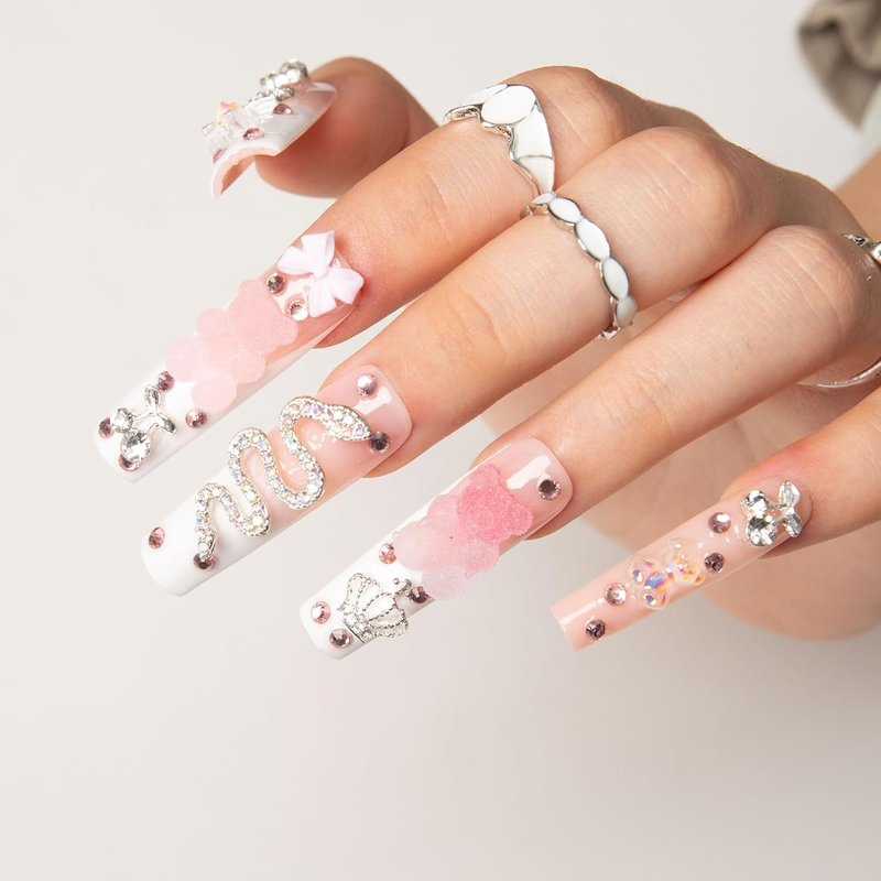 Press On Nails - Gummy Bear Glam with Full Covered Crystals | Reusable Square Mid Length 1.7in