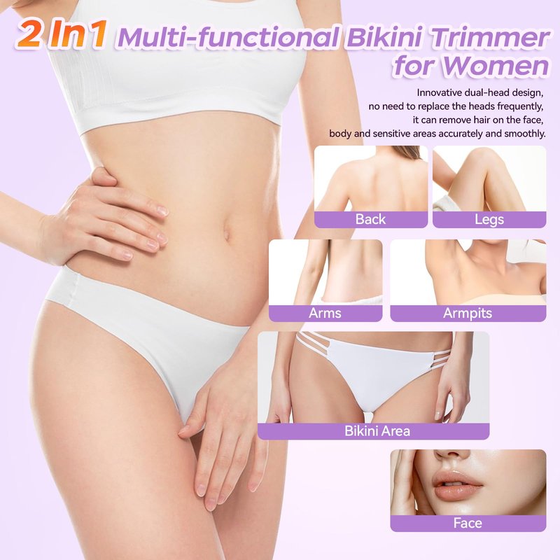 GEREFET Dual Head Bikini Trimmer for Women, IPX7 Waterproof Wet & Dry Use, Electric Bikini Shaver and Epilator 2-in-1 Electric Razors for Women Bikini Underarm Body Leg Arm Face Intimate Areas,Purple