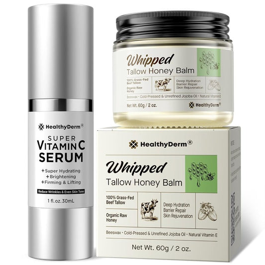 Super Vitamin C with Beef Tallow Honey Balm for Skin Duo – with Peptides & Niacinamide for Face Wrinkles, Lifting, & Age Spots | Complete Anti-Aging Skincare Set for Restoring Radiance to Mature Skin