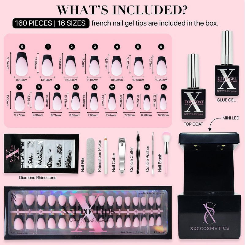 SXC Cosmetics French Tip Press On Nails – Black Series, Short Coffin, X-Pro Tips Starter Kit | 160PCS, 16 Sizes, 5 Styles, Beginner-Friendly