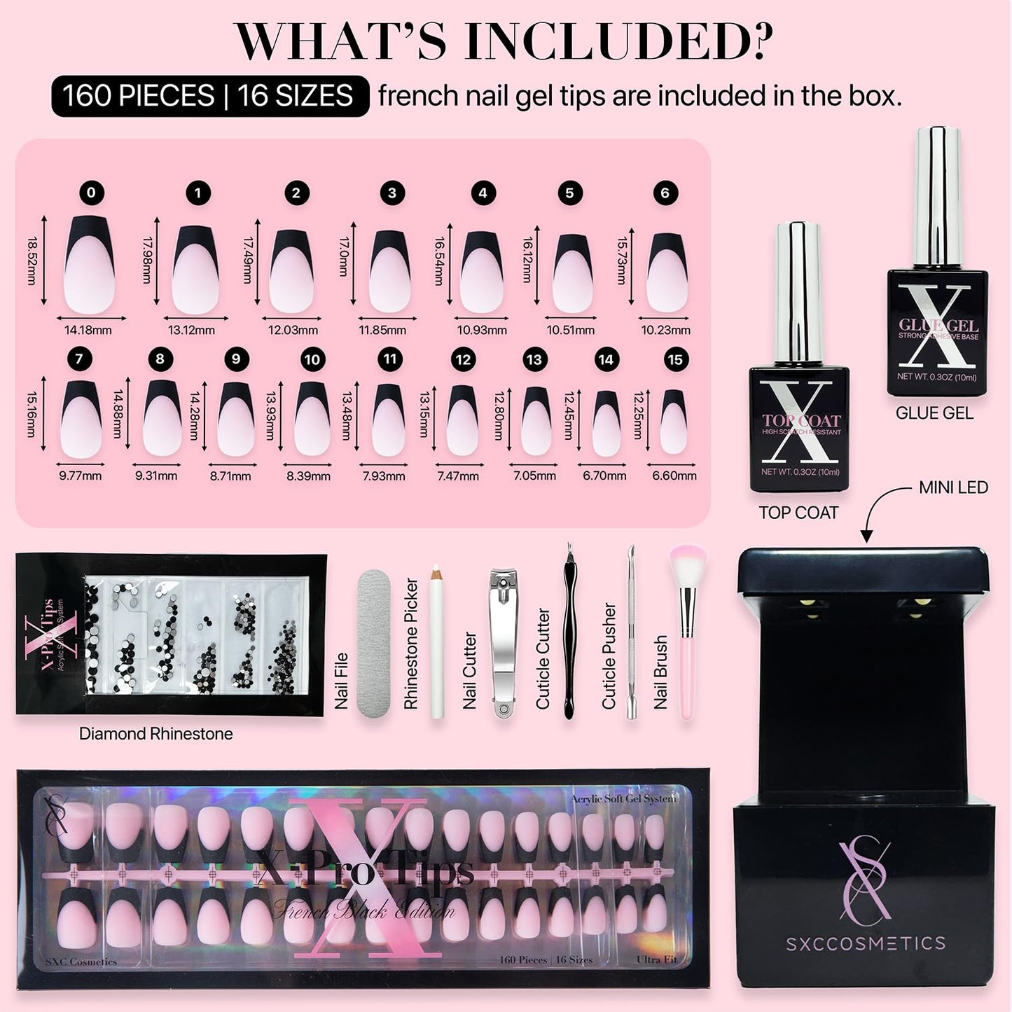 SXC Cosmetics French Tip Press On Nails – Black Series, Short Coffin, X-Pro Tips Starter Kit | 160PCS, 16 Sizes, 5 Styles, Beginner-Friendly