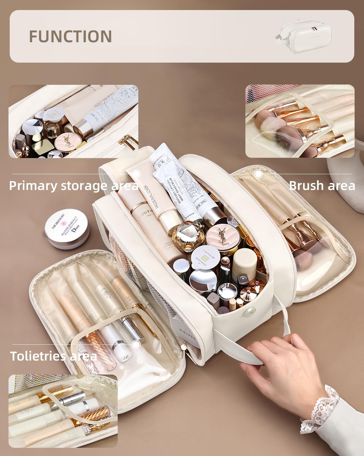 Travel Makeup Bag - Waterproof Cosmetic Organizer with Vertical Brush Holder | Portable Design for Women