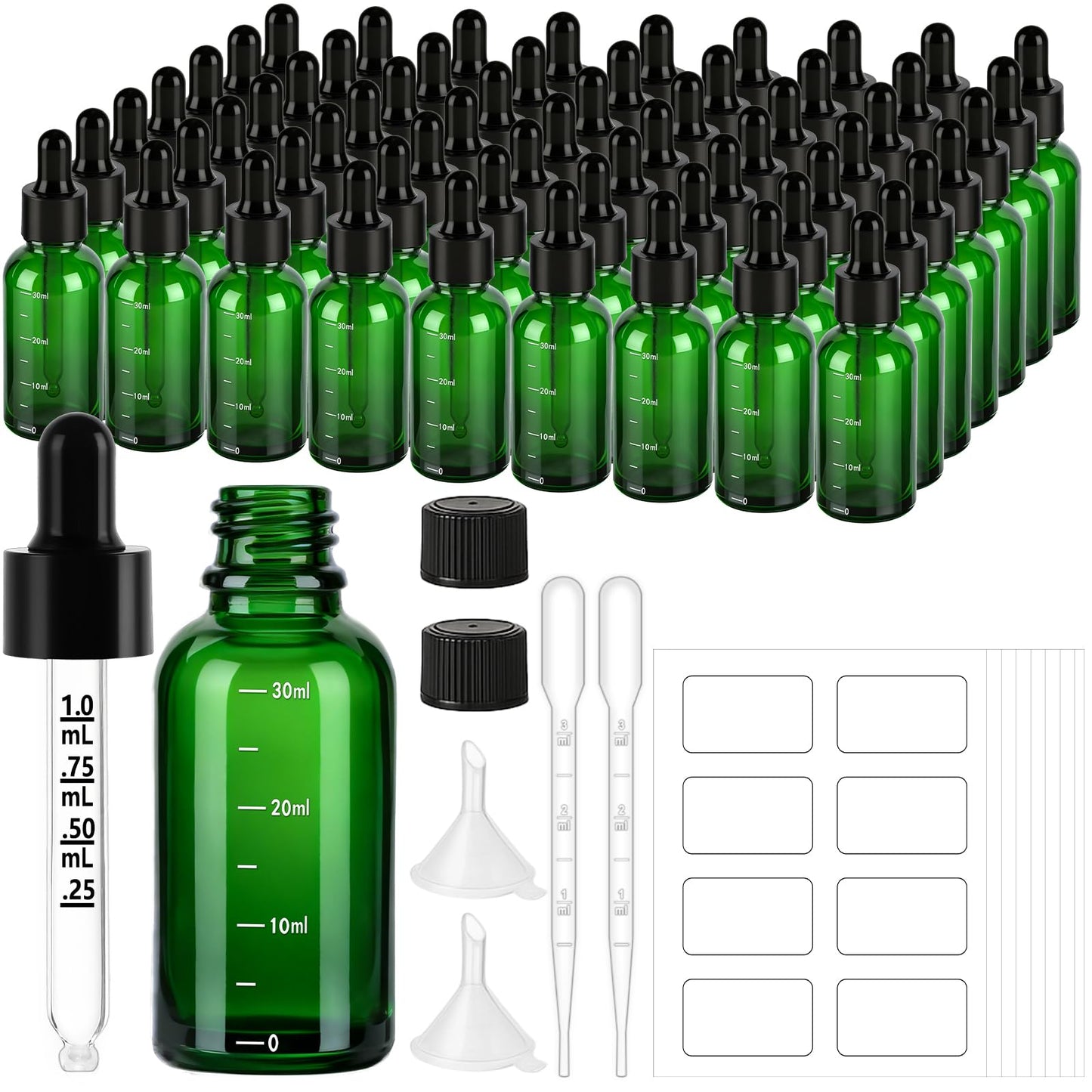 UPBUD 63 Pcs 1oz Green Glass Dropper Bottles with Measurement, 30ml Leakproof Tincture Bottles with Funnels, Eye Droppers, Extra Caps & Labels, Refillable Empty Bottles for Tinctures, Essential Oils