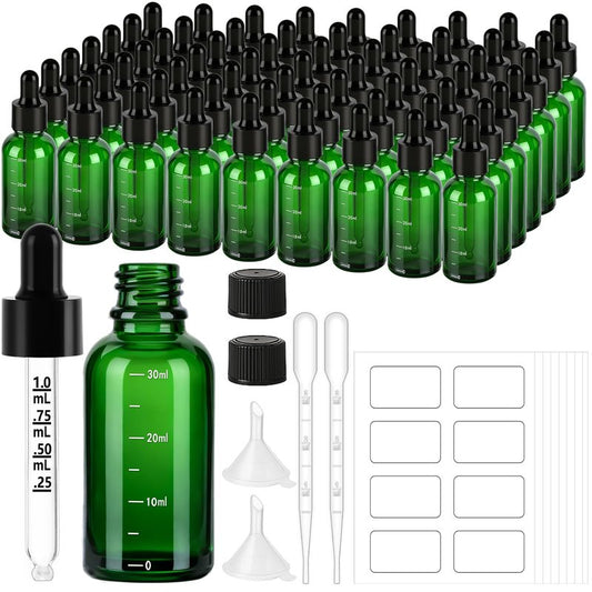 UPBUD 63 Pcs 1oz Green Glass Dropper Bottles with Measurement, 30ml Leakproof Tincture Bottles with Funnels, Eye Droppers, Extra Caps & Labels, Refillable Empty Bottles for Tinctures, Essential Oils