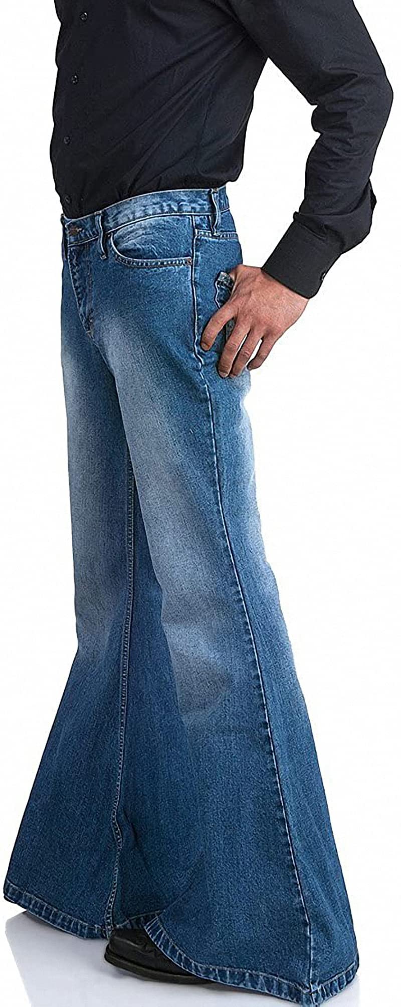 Men's Relaxed Vintage 60s 70s Bell Bottom Stretch Fit Classic Comfort Flared Flares Retro Leg Disco Denim Jeans Pants (Bu, Small)
