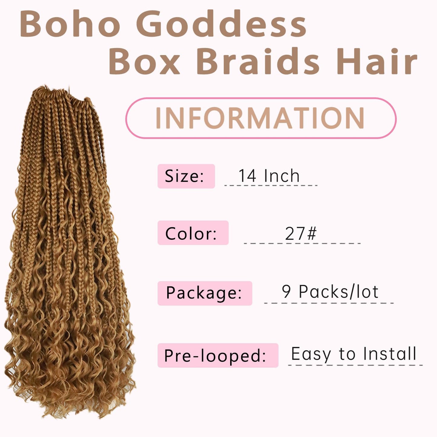 Boho Crochet Braids Human Hair Mixed Synthetic 14Inch 9 Packs Goddess Braids Pre looped Bohemian Braid Crochet Hair for Black Women (14Inch,1B)
