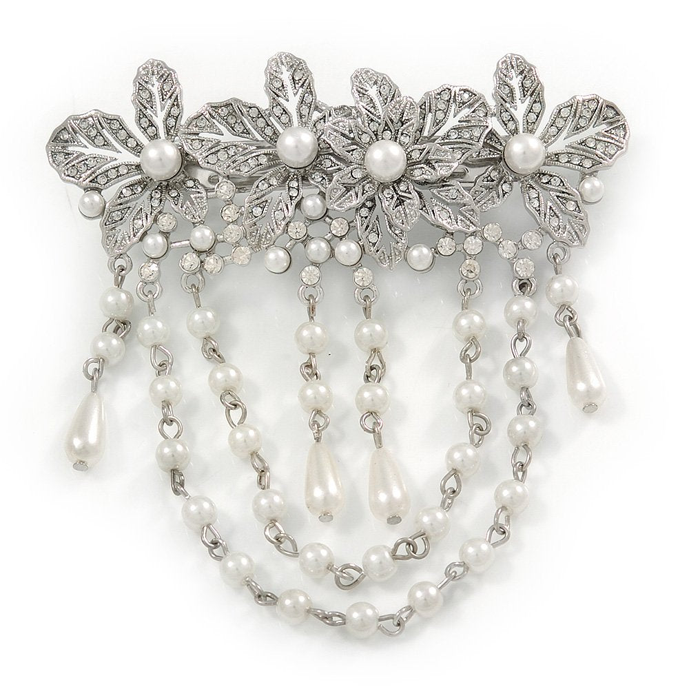 Rhodium Plated Floral Barrette Hair Clip - Clear Crystal & White Faux Pearl | 95mm