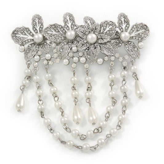 Rhodium Plated Floral Barrette Hair Clip - Clear Crystal & White Faux Pearl | 95mm