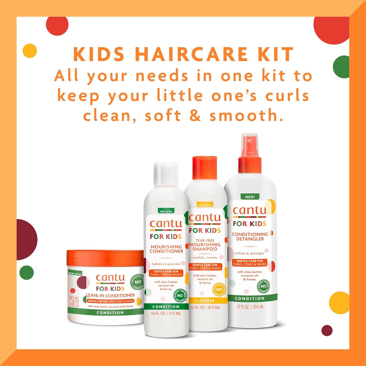 Cantu Kids Haircare Set - Shampoo, Conditioner, Detangler & Leave-In | Large Size Pack of 4