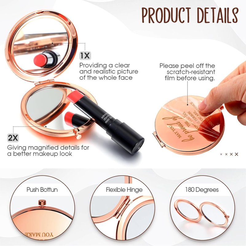 Inspirational Compact Mirror - 10 Pcs Thank You Gifts for Women | Portable Round Makeup Mirror in Rose Gold