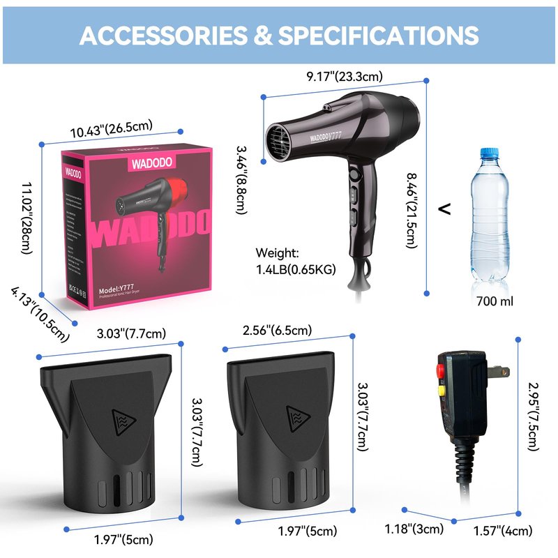 WADODO Ionic Hair Dryer, 2200W Professional Blow Dryer Fast Drying Travel AC Motor Constant Temperature Low Noise Ion Dryers Curly Care Hairdryer Blowdryer for Women Men