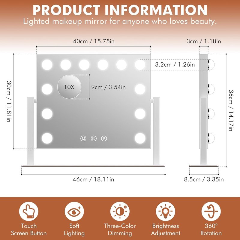 Vanity Mirror with Lights - 15.7"x11.8" LED Makeup Mirror | 10X Spot Mirror, Dimmable Touch Control, 360° Rotation, White