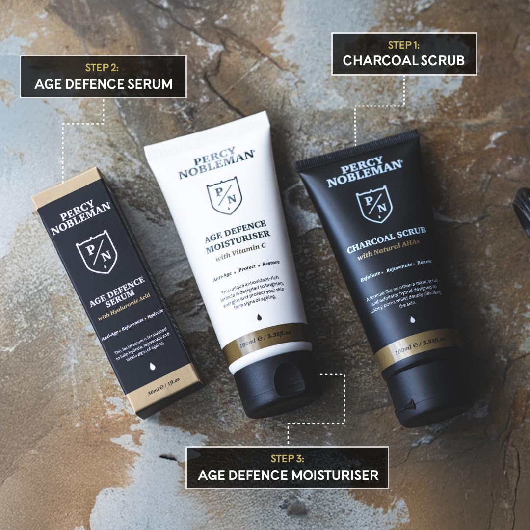 Percy Nobleman Age Defence Kit – Men’s Skincare Gift Set with Charcoal Face Scrub, Hydrating Facial Serum with Hyaluronic Acid & Vitamin C Moisturiser for Cleansing, Nourishment & Healthy Skin