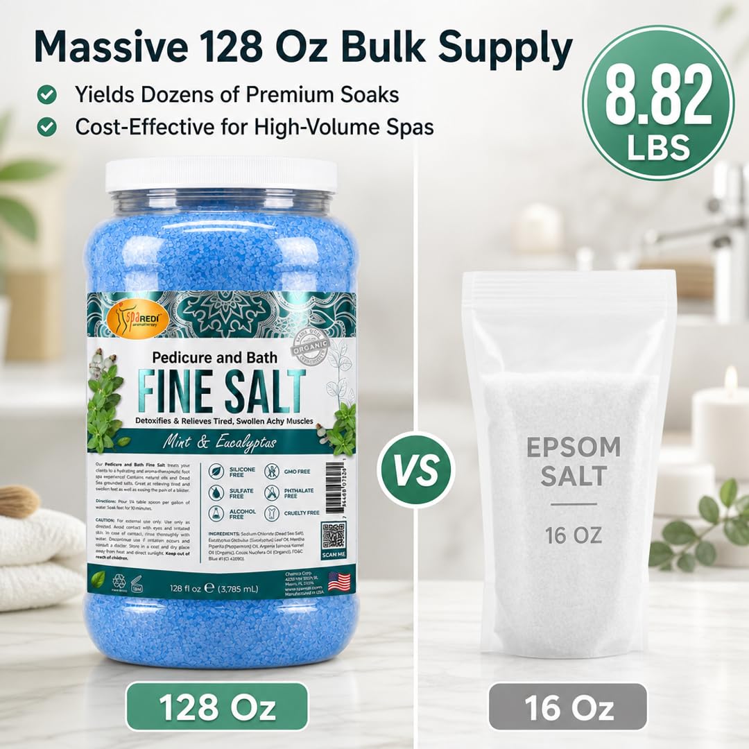 SPA REDI - Detox Foot Soak Pedicure and Bath Fine Salt, Mint and Eucalyptus, 128 Oz - Made with Dead Sea Salts, Argan Oil, Coconut Oil, and Essential Oil - Hydrates, Softens & Moisturizes Pkg May Vary