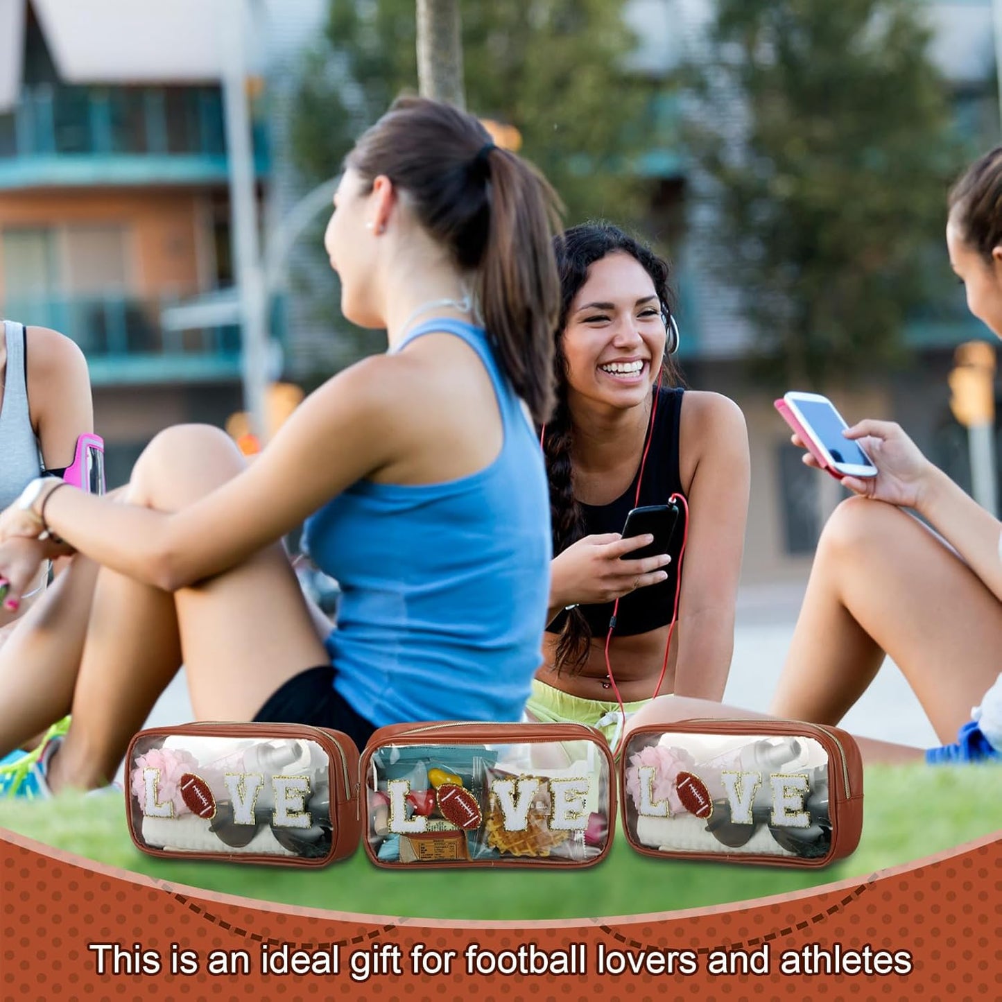 Football Gifts - 6 Pcs Clear Makeup Bag Set with Chenille Letter Patch | Waterproof PVC Organizer for Sports Party Favors