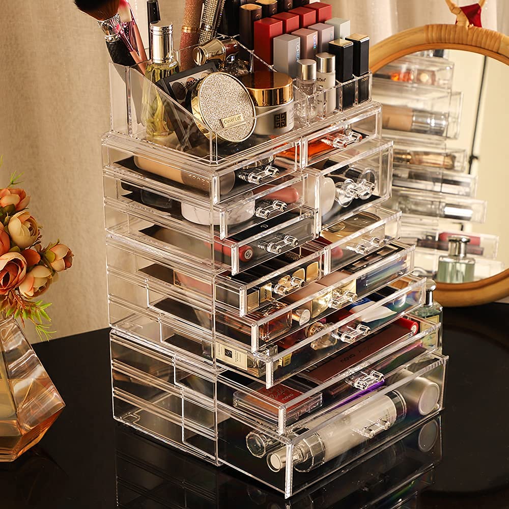 Cq acrylic 4 Pack Clear Skincare Organizer for Vanity,Stackable 11 Drawers Make Up Organizer,Cute Cosmetic Organizer for Vanity Jewelry,Hair Clip,Beauty,Skincare Product Dresser Acrylic Desk Organizer