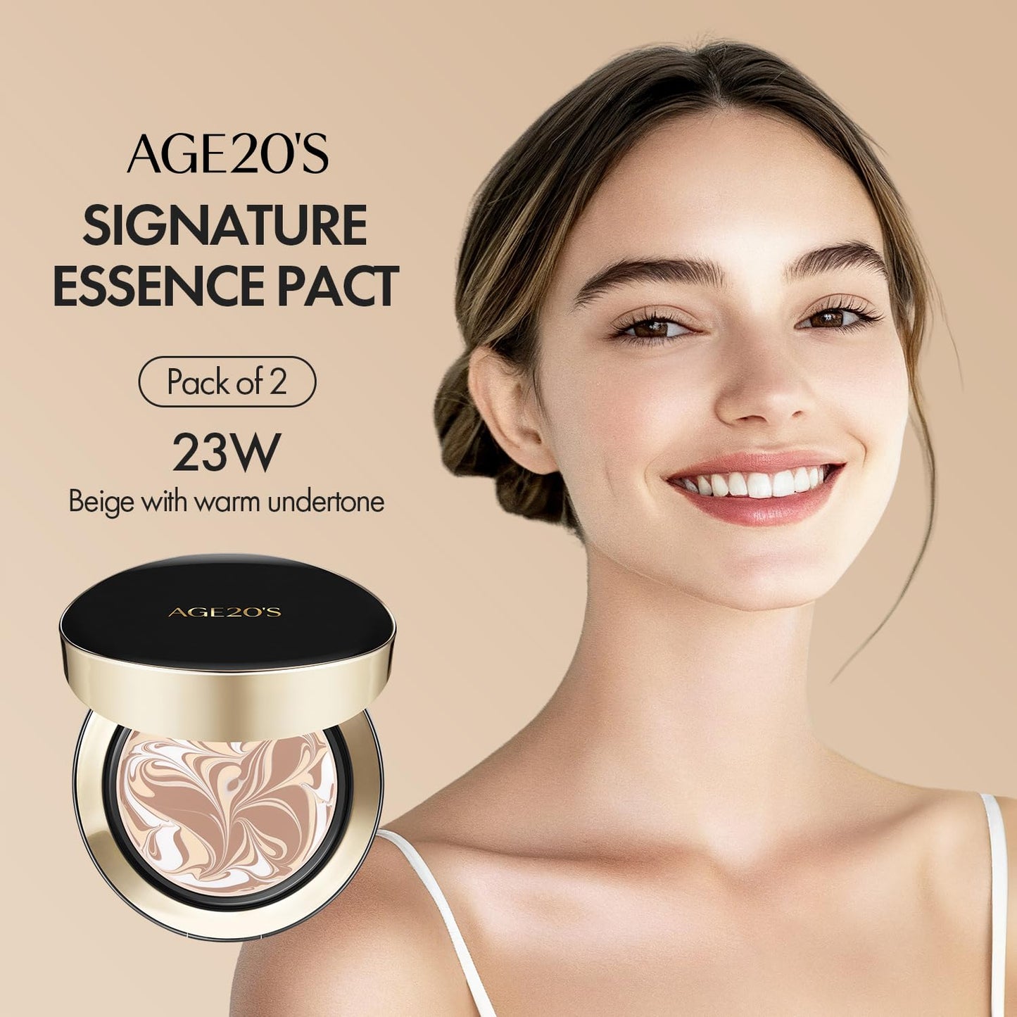 AGE20'S Signature Essence Pact SPF 50+ - Korean Cushion Foundation, Dewy Finish, Natural Coverage | 23W Beige | Pack of 2