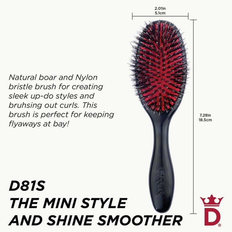 Denman Cushion Hair Brush (Small) with Soft Nylon Quill Boar Bristles - Porcupine Style for Grooming, Detangling, Straightening, Blowdrying and Refreshing Hair – Black, D81S