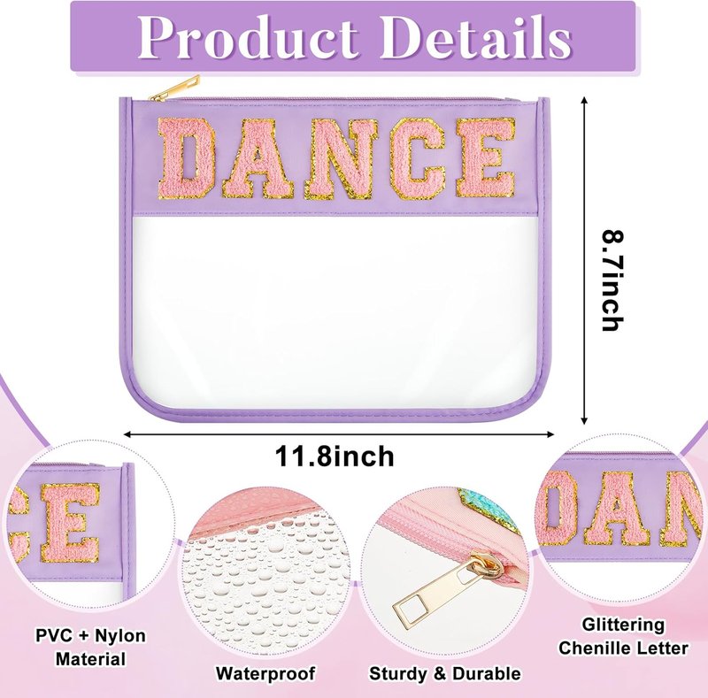 Chenille Letter Dance Makeup Bags - 6 Pcs Waterproof PVC Cosmetic Organizer | Clear Portable Toiletry Pouch (Candy Color)