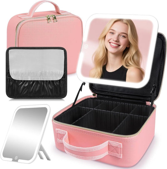 Travel Makeup Bag with LED Mirror - Lighted Organizer with 3 Color Settings | Pink
