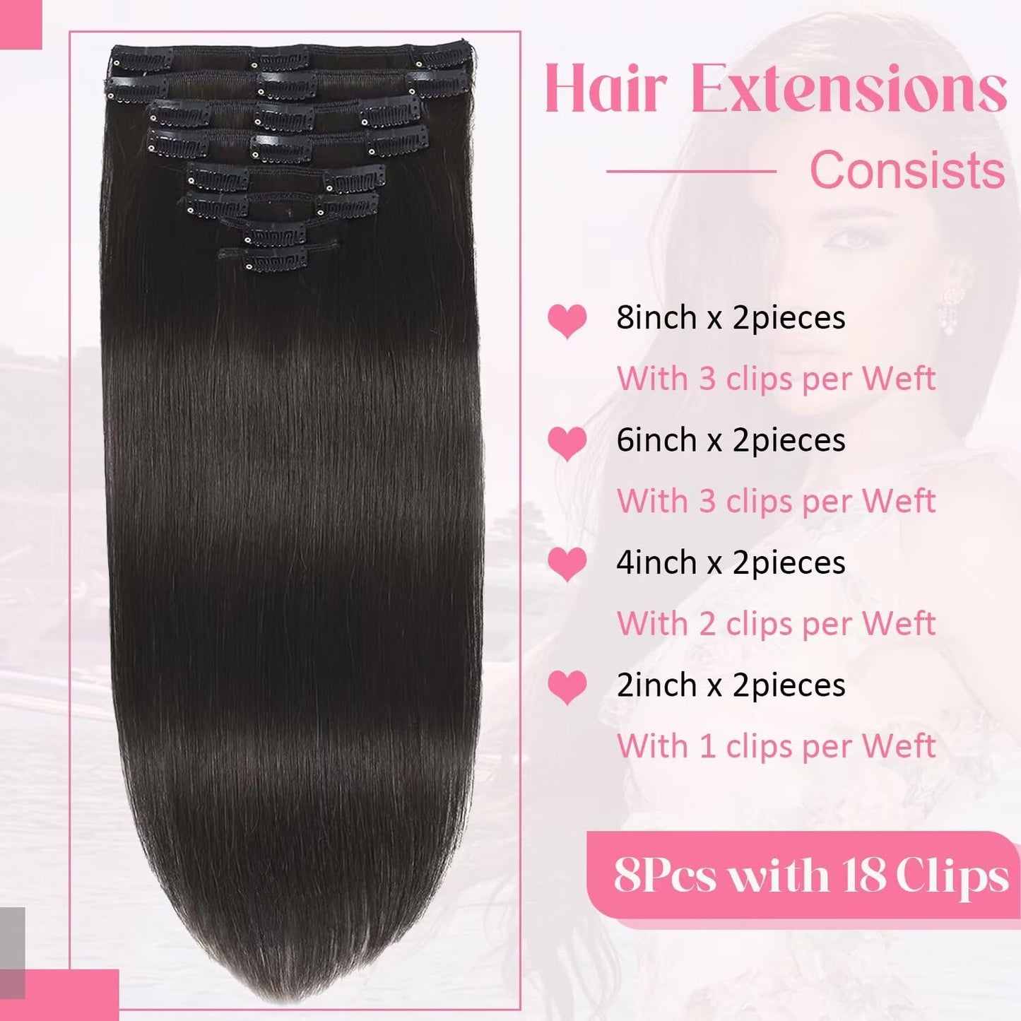 Tebelove Clip in Hair Extensions Real Human Hair, 100g/3.6oz, Clip in 100% Brazilian Remy Human Hair Extension for Women, Double Weft 8pcs Per Set with 18 Clips 1B Natural Black 16 Inch