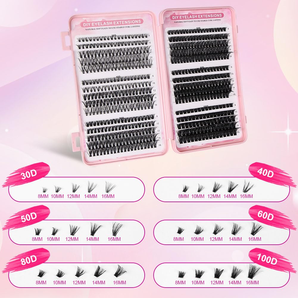 AOMIG Cluster Eyelash Extensions Kit, 570PCS Volume Fluffy Lash Clusters, 8-16mm Individual Lashes Kit with Eyelash Bond and Tweezers, Thick Eye Lash Clusters DIY Cat Eye Lashes Natural Looking