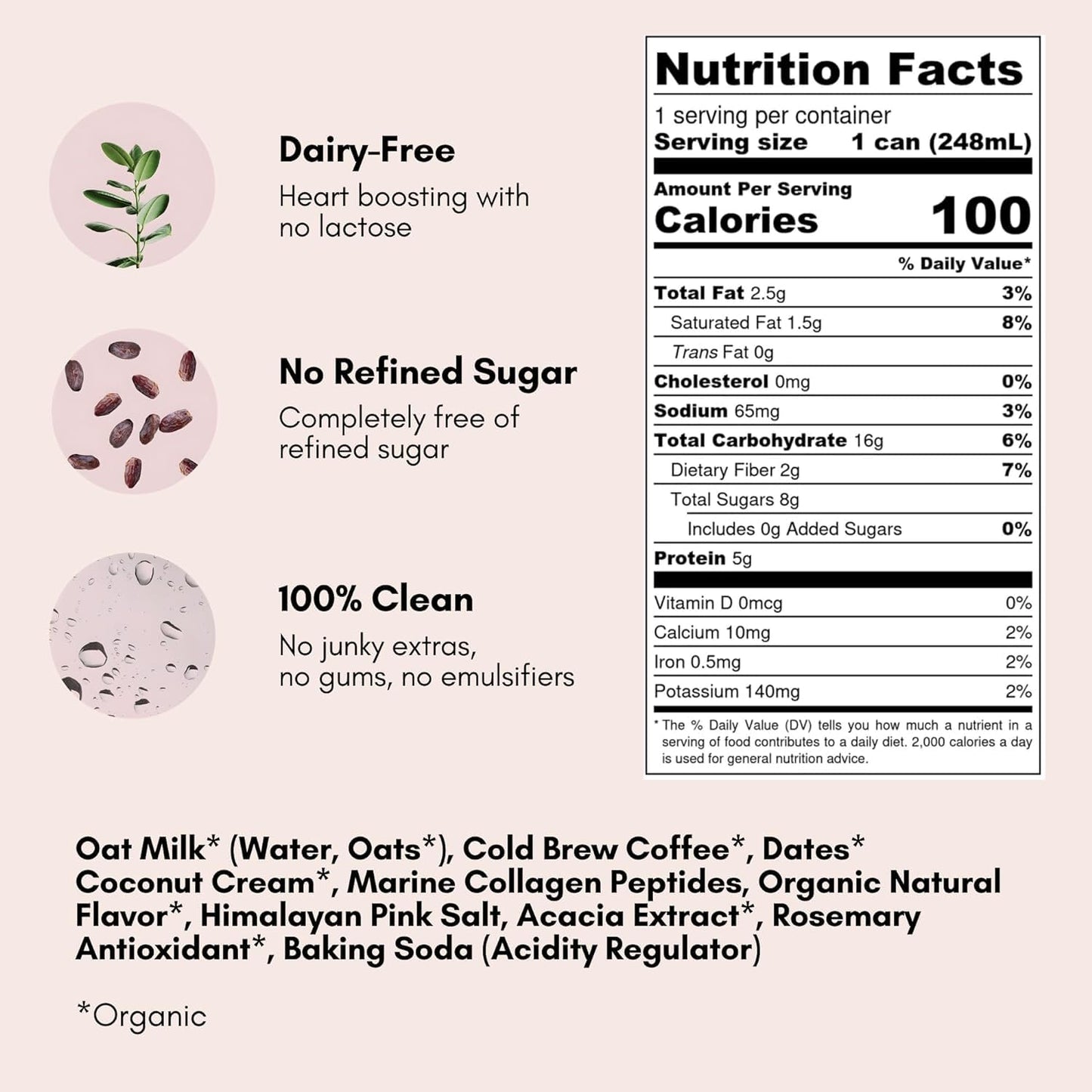 Pop & Bottle Vanilla Oat Milk Lattes - Cold Brew, Sustainably Sourced Marine Collagen, MCT Oil, Organic, Dairy Free, Gluten Free, Lightly Sweetened with Dates - 8 Fl Oz (Pack of 8)