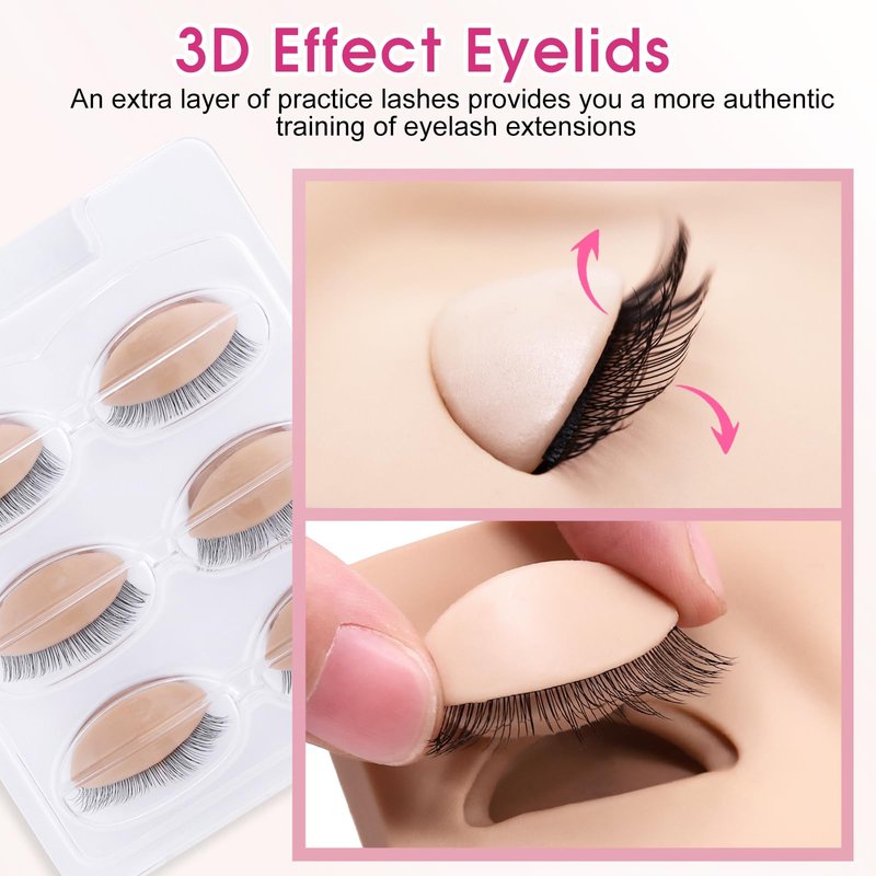 Miuffue 3 Pairs 2 Layers Eyelash Practice Eyelids for Mannequin Head, Silicone Rubber Removable Realistic Eyelash Extension Eyelids for Lash Training