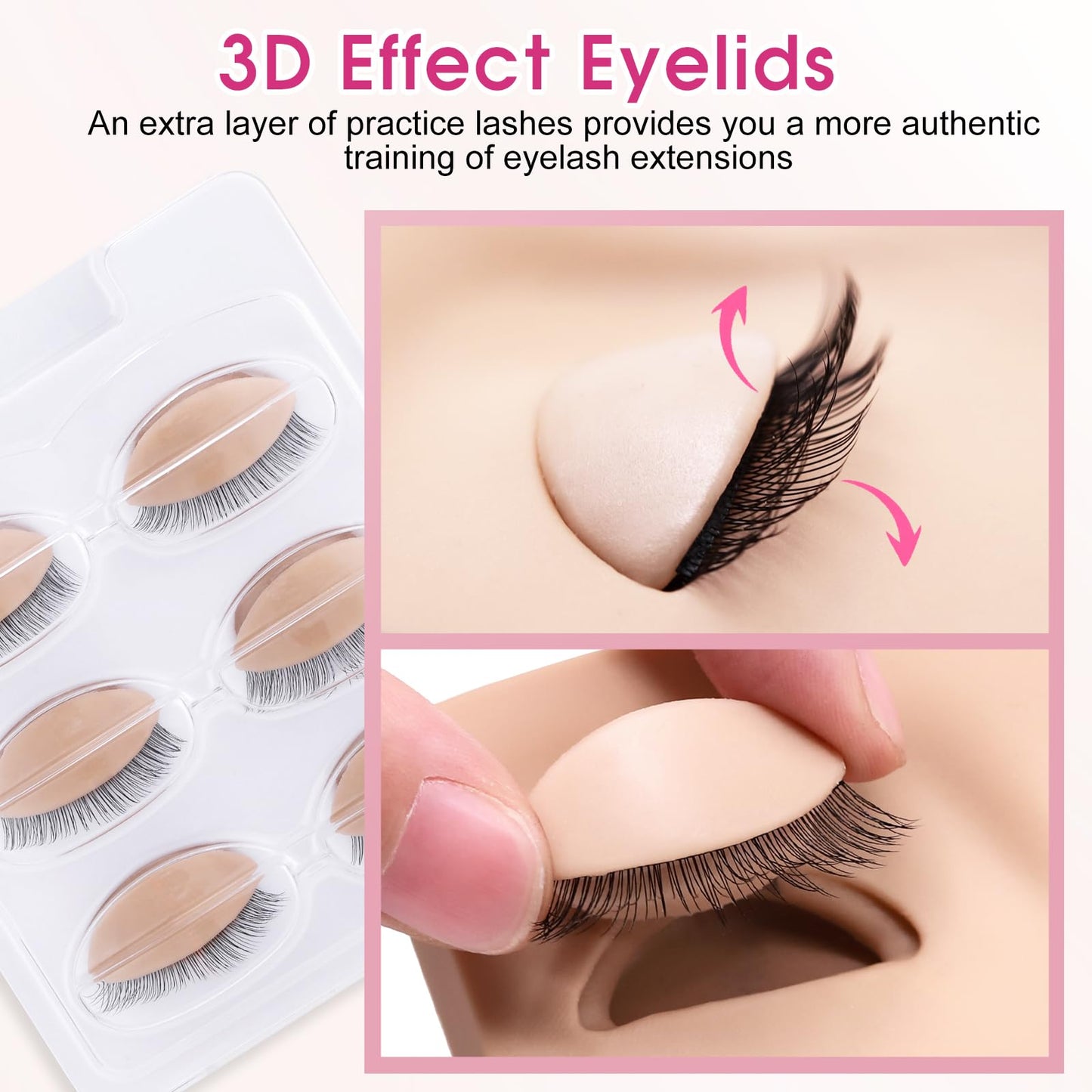 Miuffue 3 Pairs 2 Layers Eyelash Practice Eyelids for Mannequin Head, Silicone Rubber Removable Realistic Eyelash Extension Eyelids for Lash Training