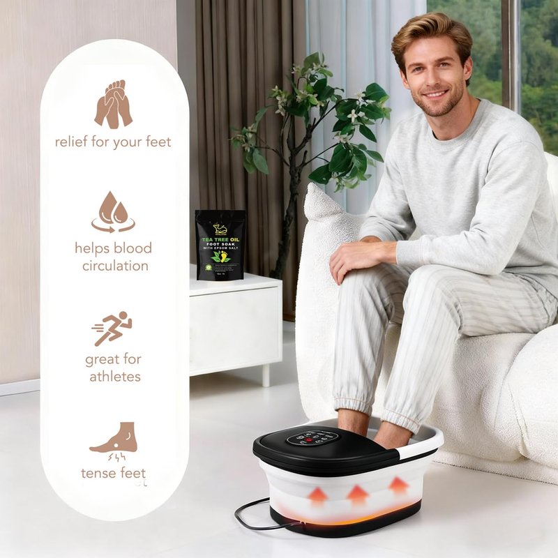 Collapsible Foot Spa Bath Massager with Heat Bubbles and Vibration Massage and Jets, 16oz Tea Tree Oil Foot Soak Epsom Salt, WHALSTAR Foot Bath Bucket With Red Light & Remote