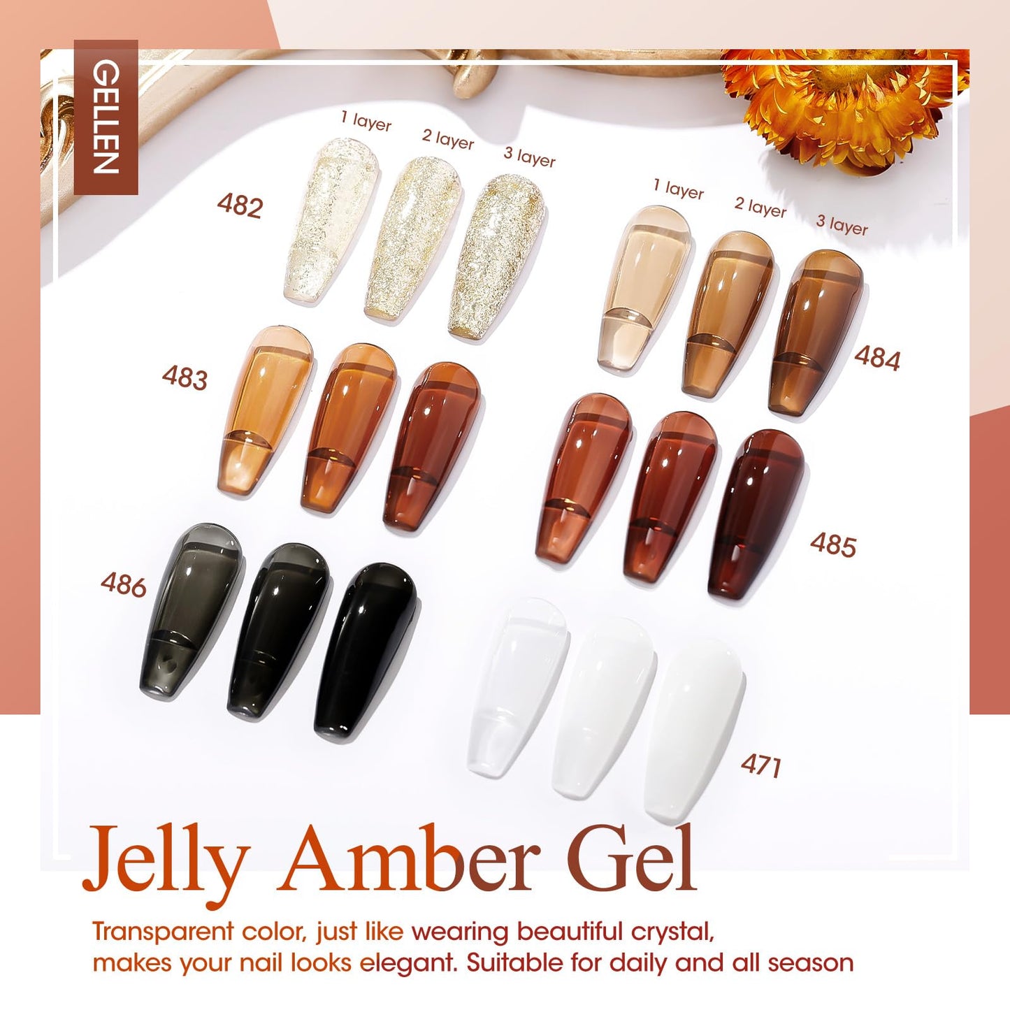 Gellen Brown Jelly Tortoise Shell Gel Nail Polish and Blooming Gel and Base Top Coat