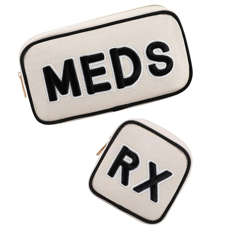 RSRSLEII 2Pcs Small Canvas Rx MEDS Medicine Packages, Cute Chenille Letter Patch Drug Makeup Bag with Metal Zipper, Mini Travel First Aid Purse Organizer Machine Washable (05RX and MEDS)