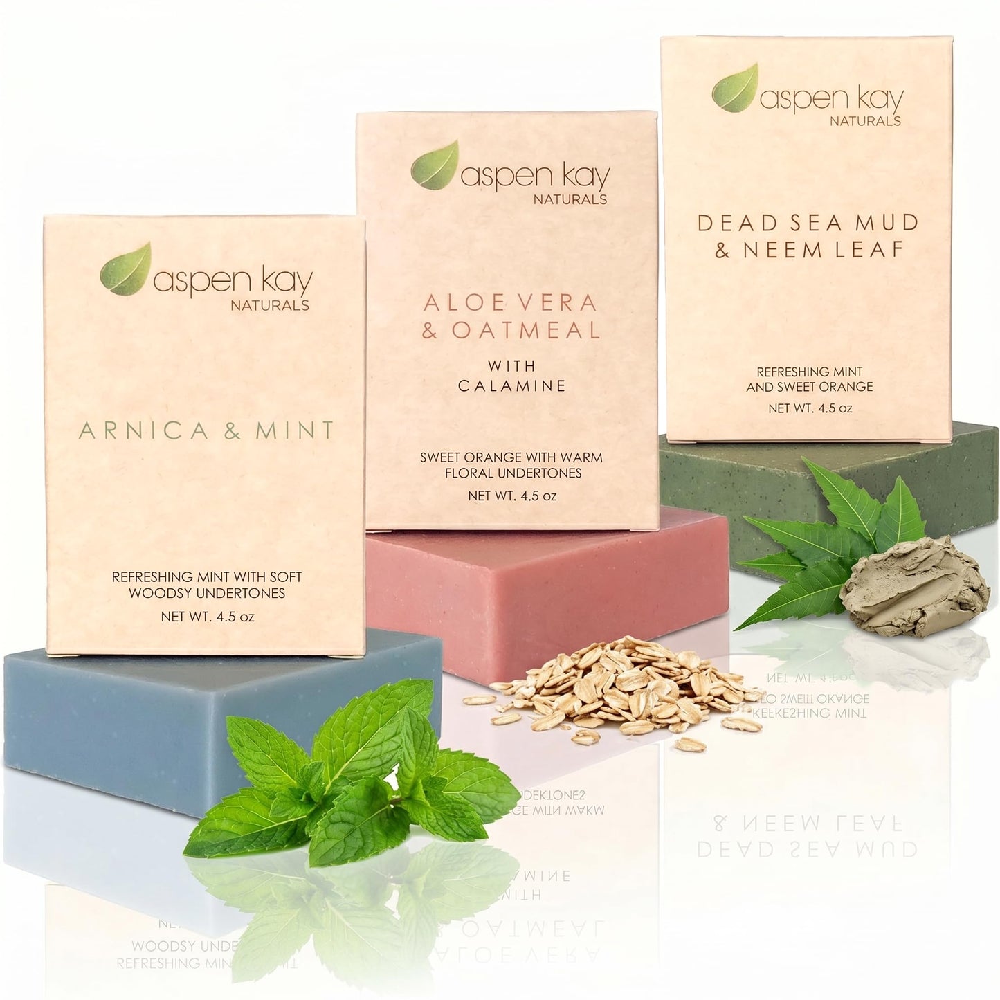Aspen Kay Naturals Soap Set - Made with Natural and Organic Ingredients. Gentle Soap. 1 Arnica & Mint - 1 Calamine Soap – 1 Neem Soap - 4.5oz Bar