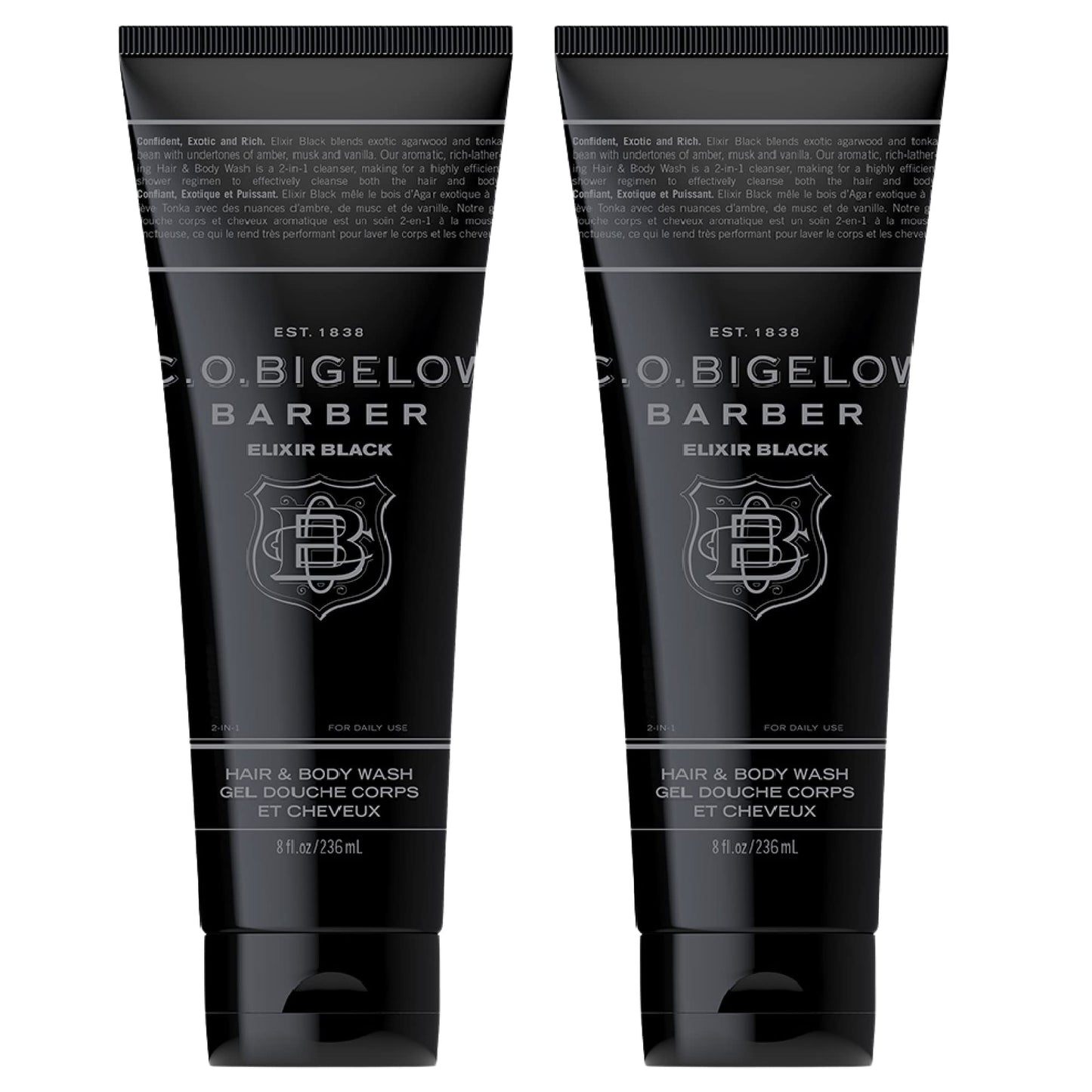 C.O. Bigelow Elixir Black Hair & Body Wash for Men, Pack of 2 Musk & Vanilla Scented Men's 2 in 1 Shampoo & Body Wash, 8 Fl Oz