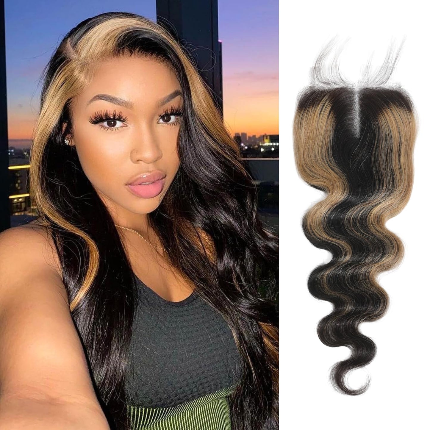 AUROO #27 Honey Blonde Highlight 4x4 Lace Closure Only Human Hair Body Wave 16 Inch, 12A 100% Virgin Hair Skunk Stripe HD Transparent Lace Closure Pre Plucked with Baby Hair Ombre Closure 150% Density