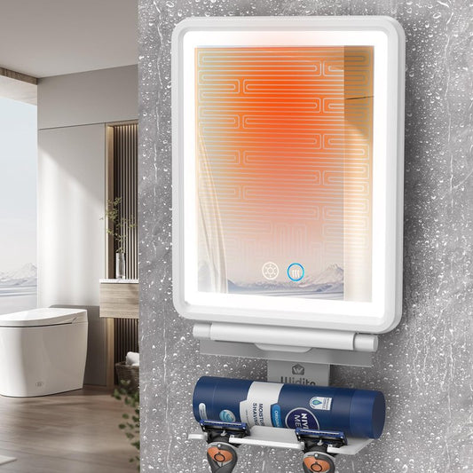 Widitn Heated Shower Mirror Fogless for Shaving, 3 Color Dimmable Lights Shower Mirror Fogless, Rechargeable Anti-Fog Shaving Mirror with Razor Holder, Storage Tray, Squeegee