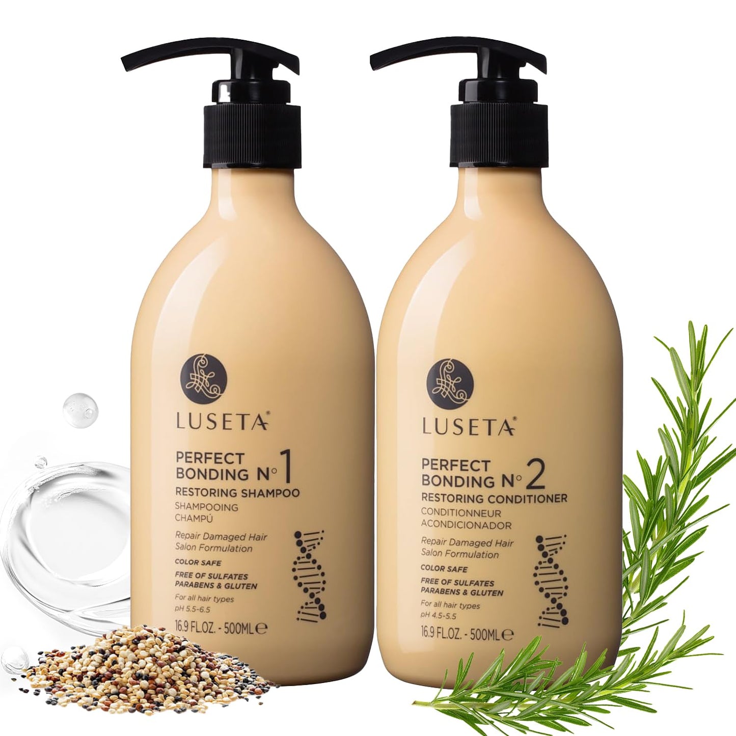 LUSETA Bond Repair & Revitalizing Shampoo and Conditioner Set for Chemically Damaged Hair. Deep Moisture to Smooth Frizz & Add Shine. Strengthens Hair Structure with Rosemary & Marula Oils, 2x16.9 oz