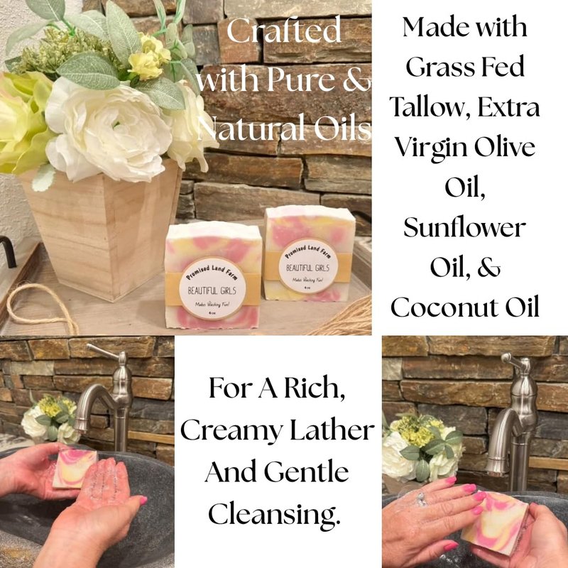 Promised Land Farm Grass-Fed Tallow Soap Bar 4 Pack | Handmade Natural Soap | Cherry Almond, Lemon Poppyseed, Mahogany Teak, Watermelon | Moisturizing Farm Soap For Face & Body | Cold Process