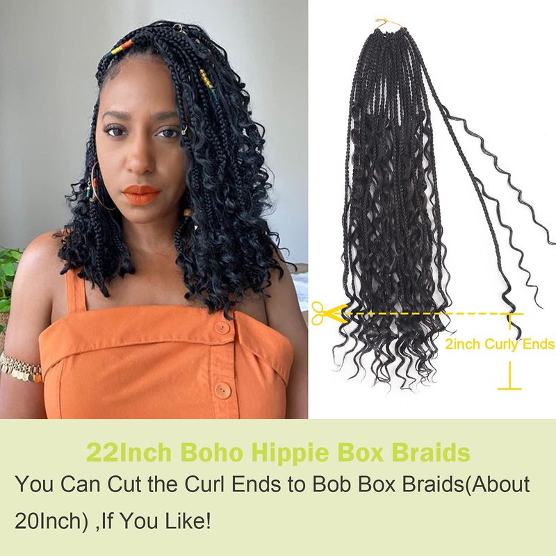 Goddess Box Braids Crochet Hair With Curly Ends 22 Inch Bohomian Box Braids Crochet Braids 8 Packs 3X Crochet Braids Synthetic Braiding Hair Extension for Black Women (22 Inch (Pack of 8), 1B)