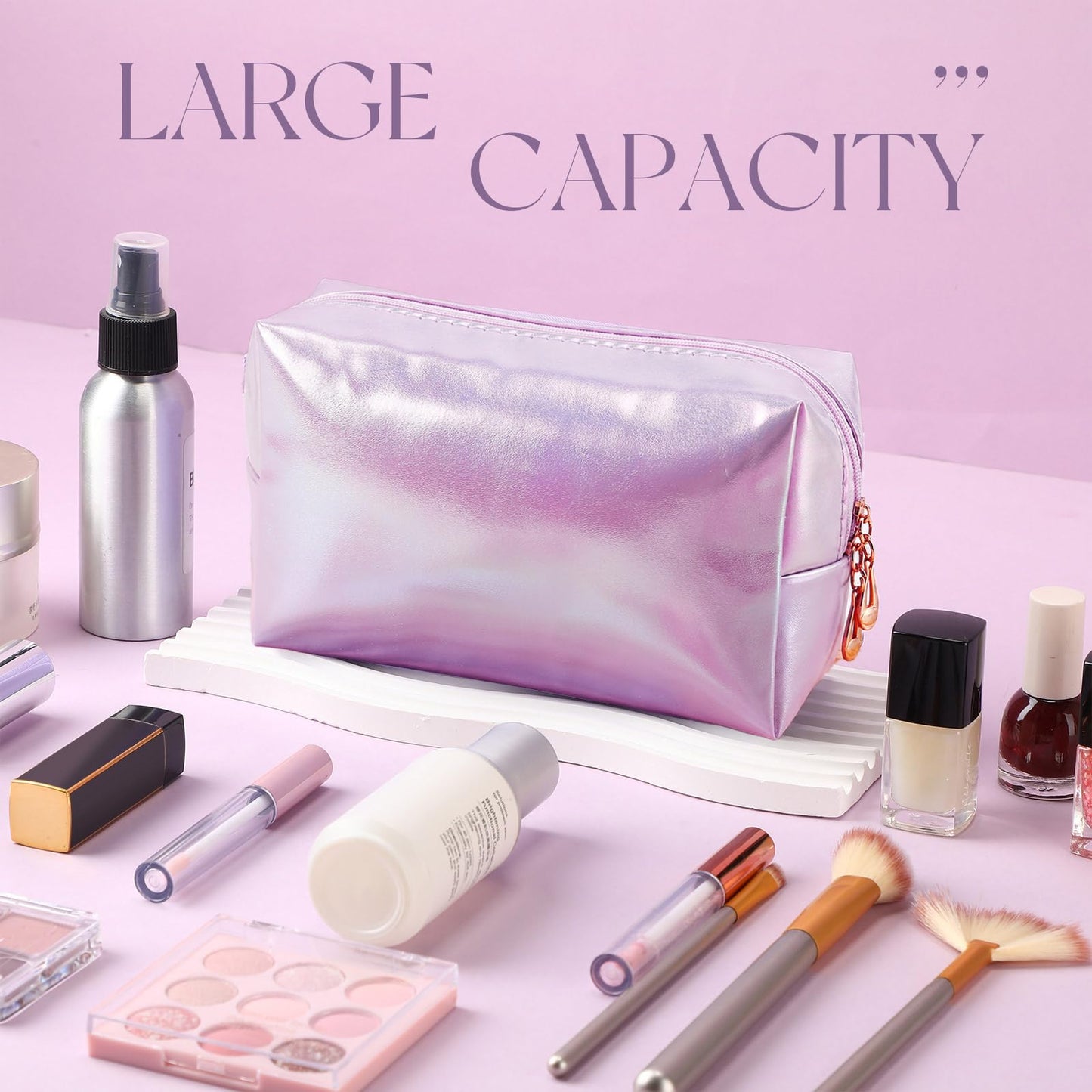Kigeli Aesthetic Makeup Bags PU Leather Cosmetic Pouches Waterproof Plain Toiletry Bags Makeup Pouches Bulk for Women Party Gift Travel Storage Organizer(Laser Color,7.1 x 2.8 x 4.3 in)