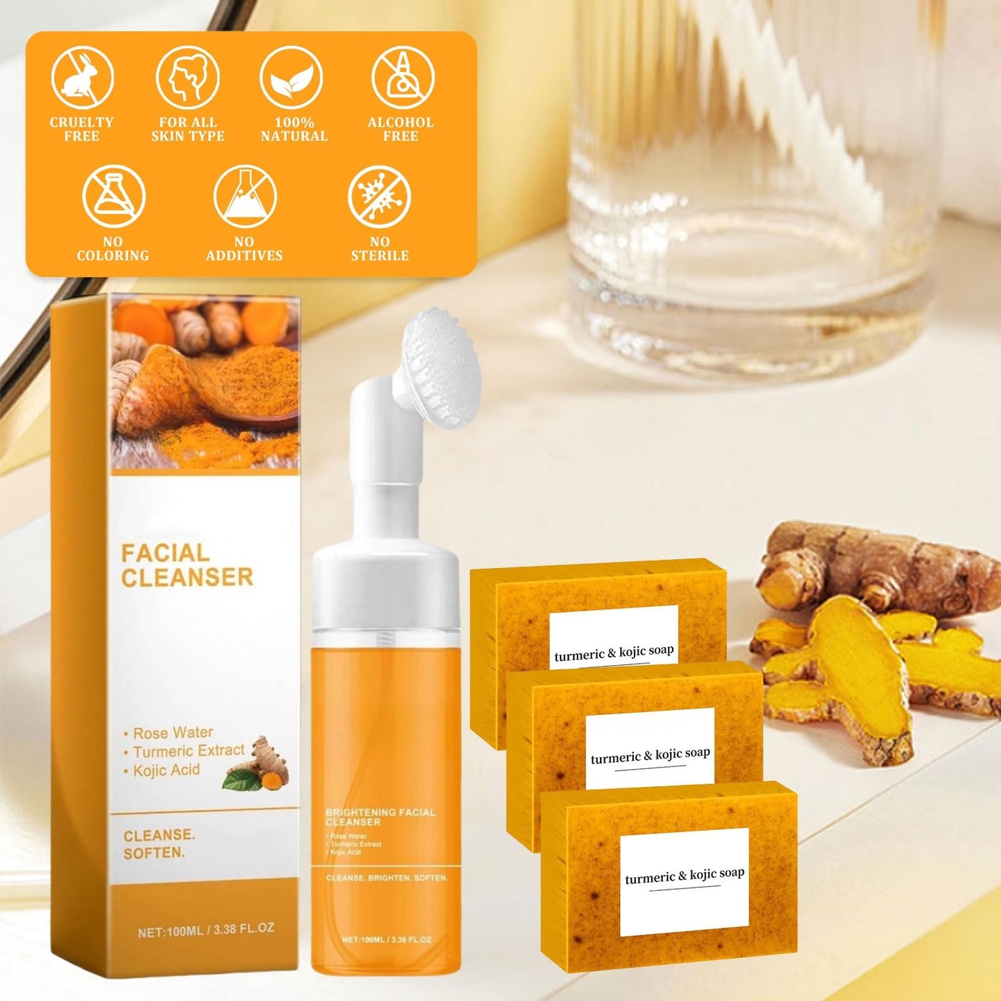 Peehss Turmeric Soap & Turmeric Face Wash Set, Honey Lemon Tumeric Kojic Soap Bar & Facial Cleanser Combo for Face & Body, Evens Skin Tone Deep Cleansing Moisturizing