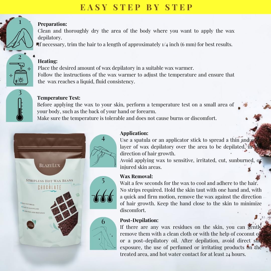 Blazulux Wax - Chocolate 1000g Hard Wax Beans for Hair Removal, Stripless, for Brazilian Bikini, Face, Eyebrows, Underarms, Arms, Chest, Back, Legs