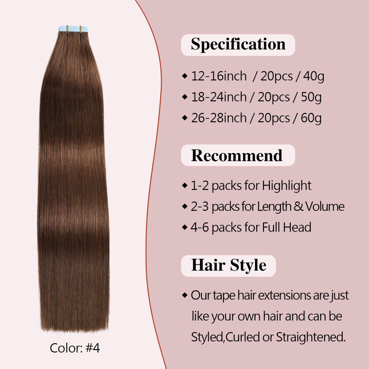 Tape In Hair Extensions - 16 Inch Straight Remy Human Hair | Chocolate Brown Seamless Skin Weft, 40g, 20 Pcs