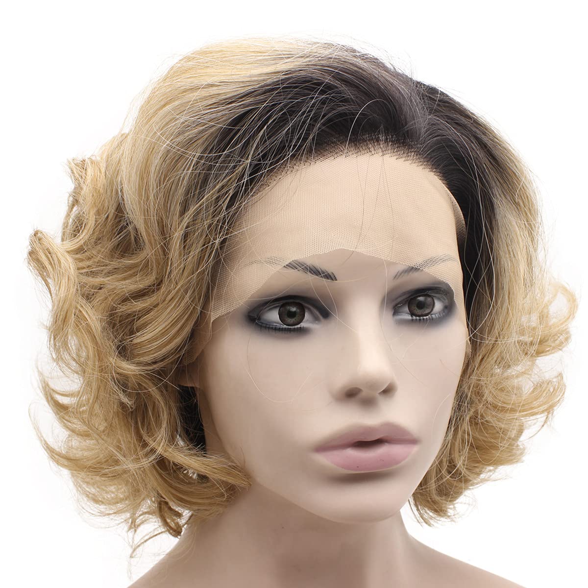 MX angel Dark Roots Blonde Short Curly Synthetic Hair Lace Front Wig Heat Resistant Fiber Hair