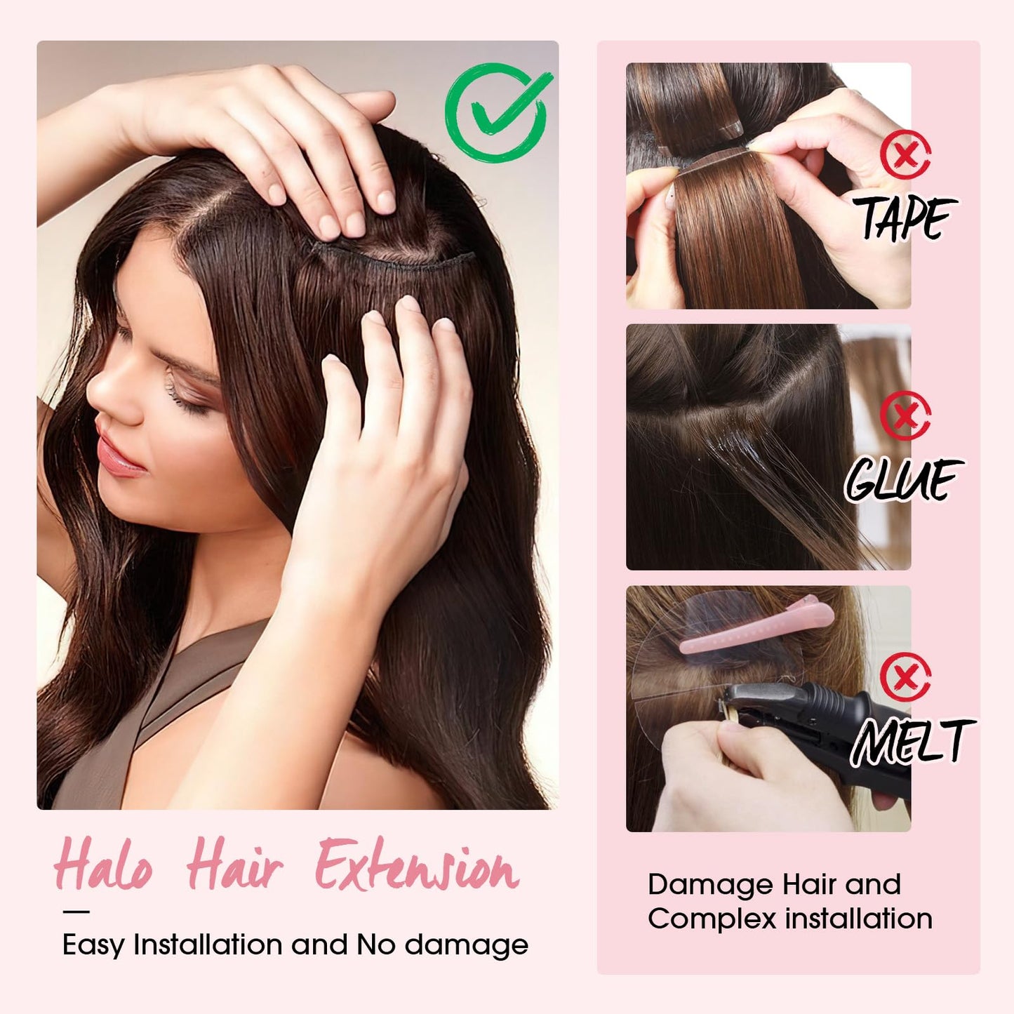 Halo Hair Extensions,Prokyvity Halo Hair Extensions Real Human Hair,Invisible Adjustable Wire Extensions for Seamless Blending 16 inch/65g Golden Brown Streaked with Bleach Blonde
