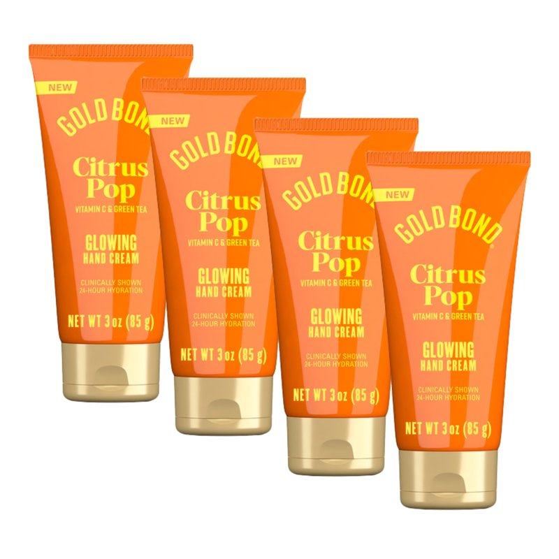 Gold Bond Citrus Pop Glowing Hand Cream Set with Vitamin C to Help Visibly Brighten and Green Tea to Help Protect Skin from Environmental Stressors, Vibrant Citrus Pop Scent, 3 oz, 4 pk