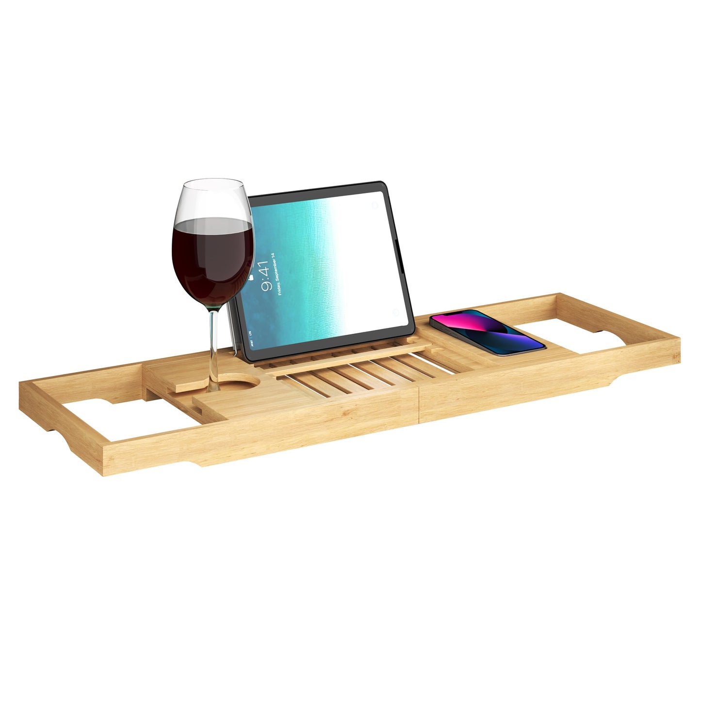 Bamboo Bathtub Caddy Tray with Extending Wood Sides -Fits Any Bath, Hot Tub and Jacuzzi